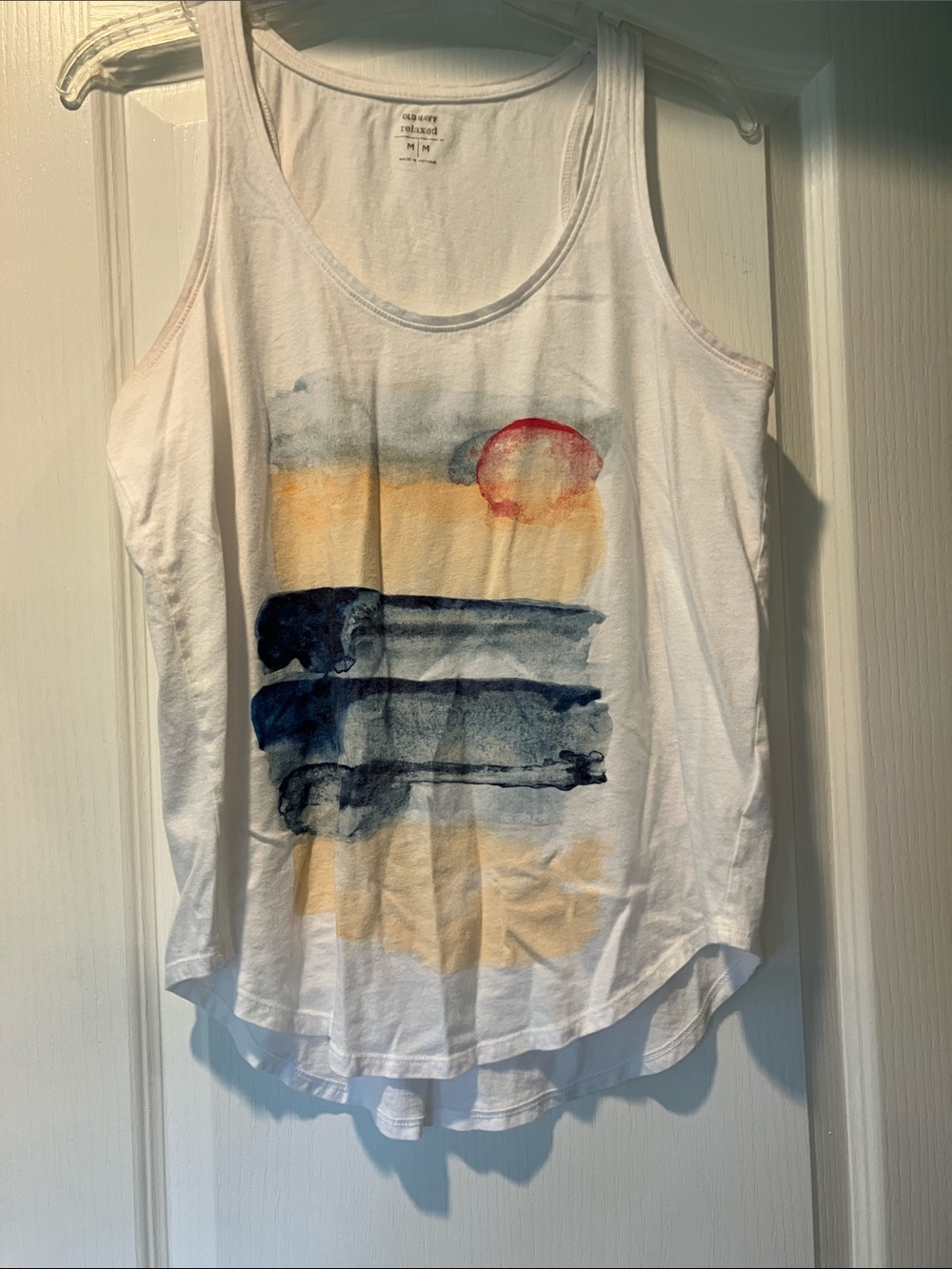 Old Navy White Tank with Blue Stripes and Red Sun Wash